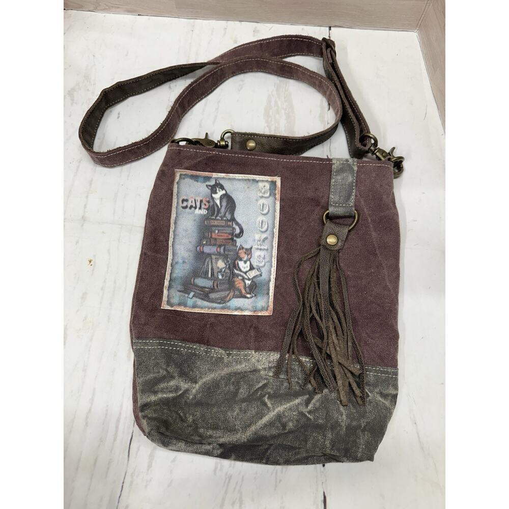 Clea Ray Cats and Books Crossbody Bag Purse Canvas